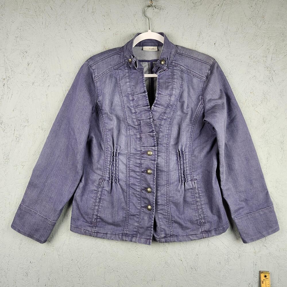 Chicos Platinum Jacket Womens Size 1 Purple Denim Pleated Button Pockets Grunge
